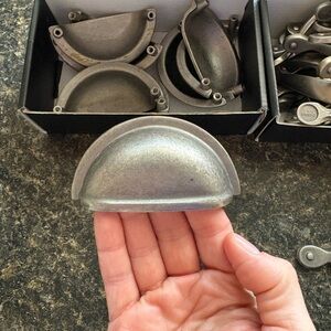 Satin nickel cup pulls, 3”, Amerock